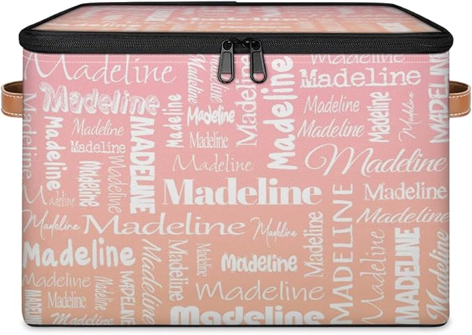 Custom Storage Basket with Name, Personalized Keepsake Box with Zipper Lid, Foldable Fabric Memory Bin Large capacity with Handle Pink Orange
