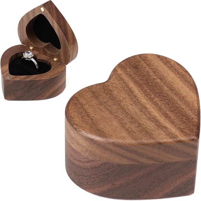 Engagement Proposal Ring Box Secret Slim Storage Wooden Heart Case | Walnut Wood Ring Bearer Box Jewelry Storage Holder Collection & Display for Wedding Ceremony Commemoration Day