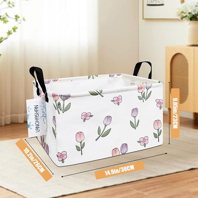 Rectangular Collapsible Romantic Tulip Storage Basket Nursery Organizer | Storage Bin Foldable Canvas with Handles for Organizing Home Kitchen Children Toys Office Closet Shelf Baskets
