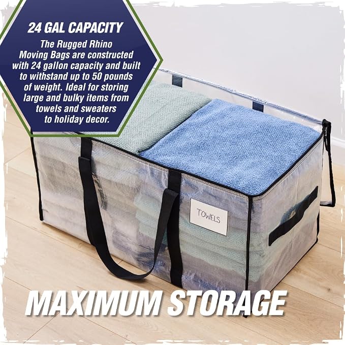 RUGGED RHINO 8 Pack Heavy Duty Extra Large Moving Bags, Durable Bag Strong Handles and Zipper, Moving Boxes Alternative for College Packing, Holiday Décor, Space Saving Storage with Label, Blue/Clear
