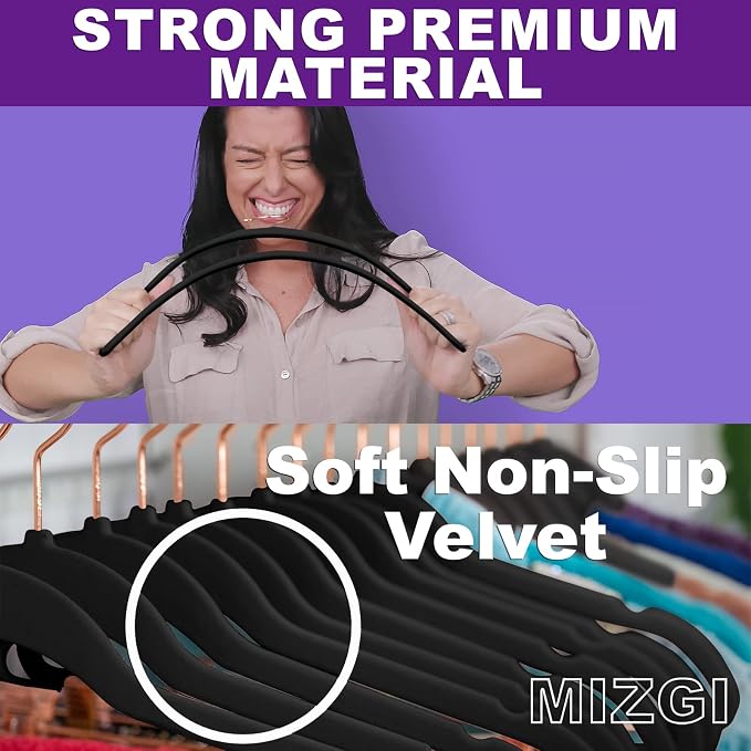 MIZGI Premium Velvet Hangers (50 Pack) Heavy Duty - Non Slip Felt Hangers - Velvet Suit Hangers Black - Rose Gold Hooks,Space Saving Clothes Hangers