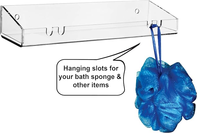 AMT 4 Pack Acrylic Floating Shelves, 15"L x 4.8"W, Clear Bathroom Wall Shelves, Bookshelves, Invisible Shelf For Office, Bedroom, Kitchen, Design with Hanging Slots for Sponge, Free Screws & Drill Bit