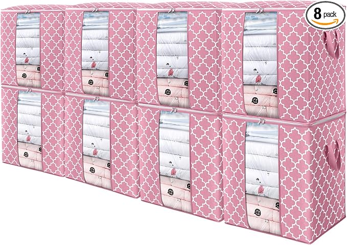 WISELIFE Storage Bags 8 Pack/100L Large Blanket Clothes Organization and Storage Containers for Comforters,Bedding, Foldable Organizer with Reinforced Handle, Clear Window, Sturdy Zippers,Pink
