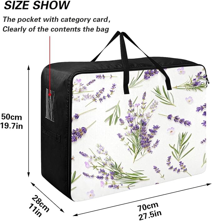 Blueangle Lavender Flowers Clothes Storage Bag Organizer 100L Large Capacity Clothing Storage Containers for Comforters, Blankets, Foldable with Dual Zipper