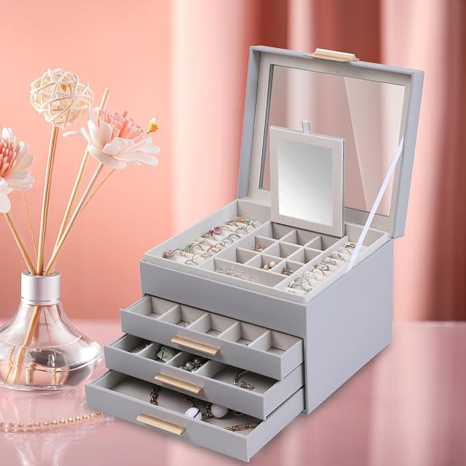 BOOVO Clear Lid Jewelry Box,3 Layers Jewelry Organizer Large Jewelry Storage Box with 2 Drawers,Jewelry Holder Organzier of Rings Earrings Necklace Bracelets for Women (Grey, 4 Layer)