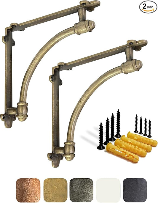 NACH Decorative Shelf Brackets, 2 Pack of 9.6 x 1.7 x 9.6 inch Gold Brackets - Cast Iron Shelf Brackets for Mounting - Industrial Style Decorative Brackets