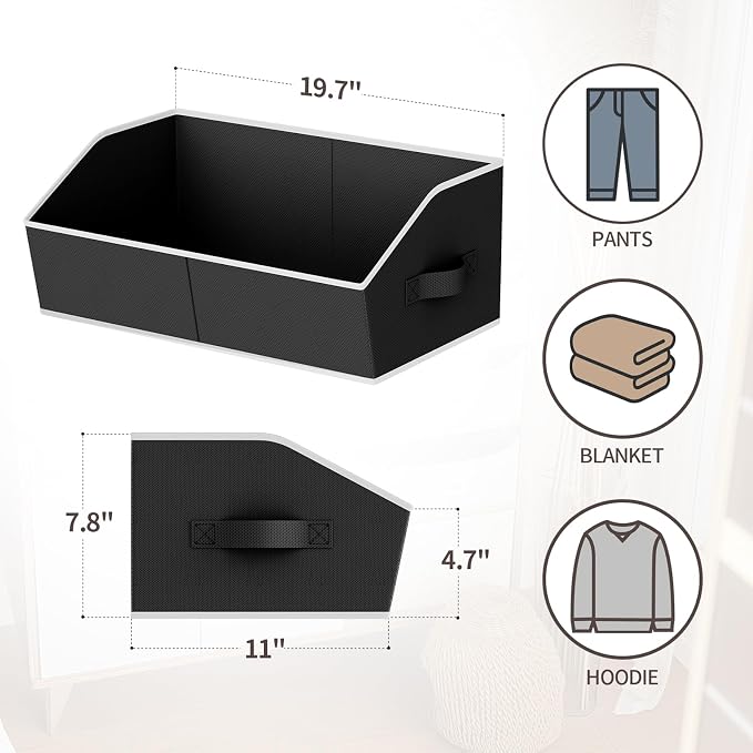Homsorout Storage Bins for Shelves - Large Trapezoid Closet Shelf Organizer, Fabric Organization Bins with Handles, Storage Baskets for Clothes, Towel, Blanket, 6 Pack, Black