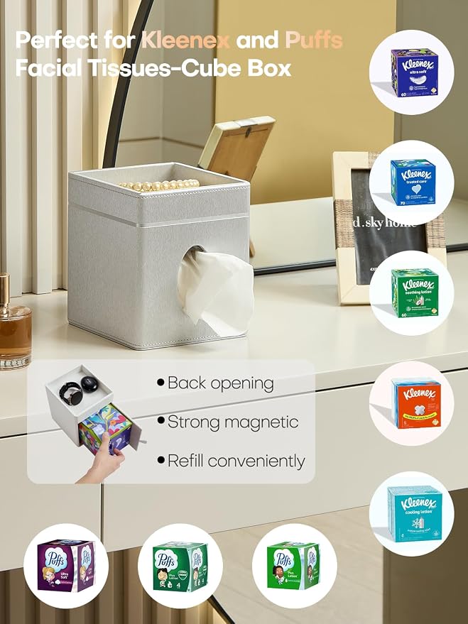 Square Tissue Box Cover Holder with Tray for Kleenex/Puffs Cubes | Gift-Ready for Entryways/Vanities | Stardust Black/Polar Ice/Liquid Iridium | Patented Metal-Look PU Leather-Liquid iridium