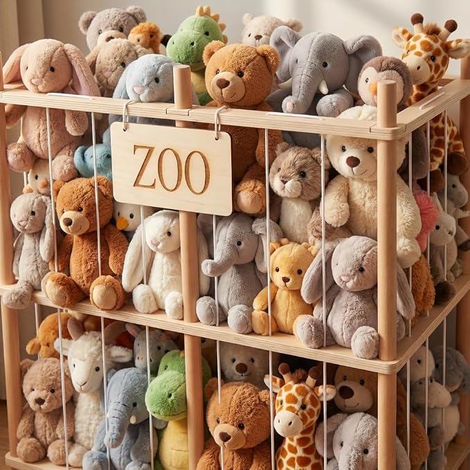 aiwo 30" Extra Wide Large Stuffed Animal Storage Toy Organizer, 38.4" Tall Wooden Display Organizer Holds 70+ Plushies for Kids Room, Playroom, Bedroom, Nursery Decor
