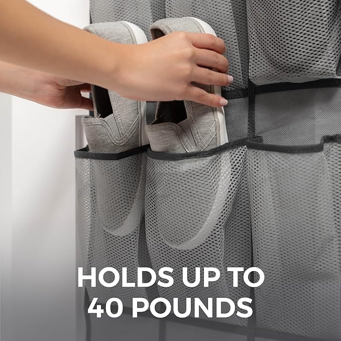 HOME GENIE Over the Door Hanging Shoe Organizer, 24 Breathable Mesh Pockets, Closet Rack Storage Holder, Stay in Place Hooks Hang on Closets, Hanger Holds Up to 40 lbs for Shoes, Accessories, Gray