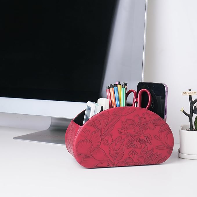 Remote Control Holder, PU Leather Remote Caddy Desktop Organizer with 5 Spacious Compartments for TV Remotes/Media Controllers/Office Supplies (1-Carved Red