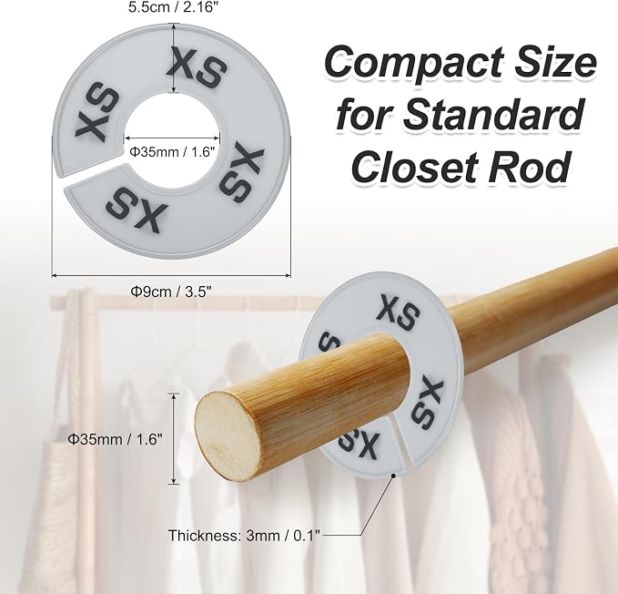 PATIKIL Clothes Dividers for Hanging Clothes, 40 Pack 8 Sizes Round Pre-written Clothing Rack Dividers Size Mark Label Sorting Separator for Closet, Grey