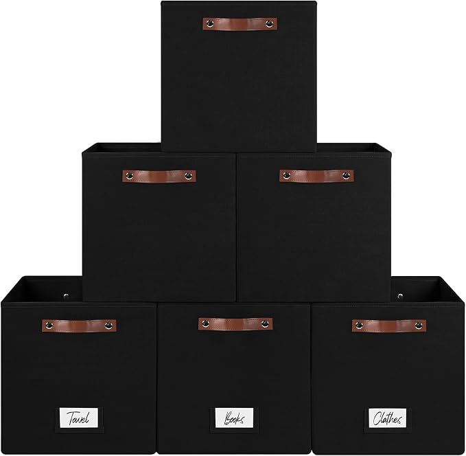 FinishingBo 6-Pack Storage Cubes with Handles & Label Holders Basket, Closet Cube Home Organizer Bins(Black, 13 x 13 x 13 inch)