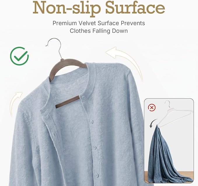 HOUSE DAY Taupe Velvet Hangers 60 Pack, Non Slip Clothes Felt Hanger Heavy Duty for Coat, Premium Slim Space Saving Suit Hangers for Closet Organizer, 360° Rotating Silver Hook
