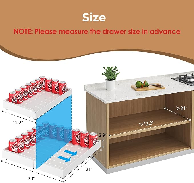 Pull Out Cabinet Organizer, 1PC 21" Deep Expandable (12.2"-20") Heavy Duty Pull Out Drawers for Cabinets Fixed with Adhesive Film, Peel Stick Slide Out Drawers for Kitchen Pantry, No Screw, White