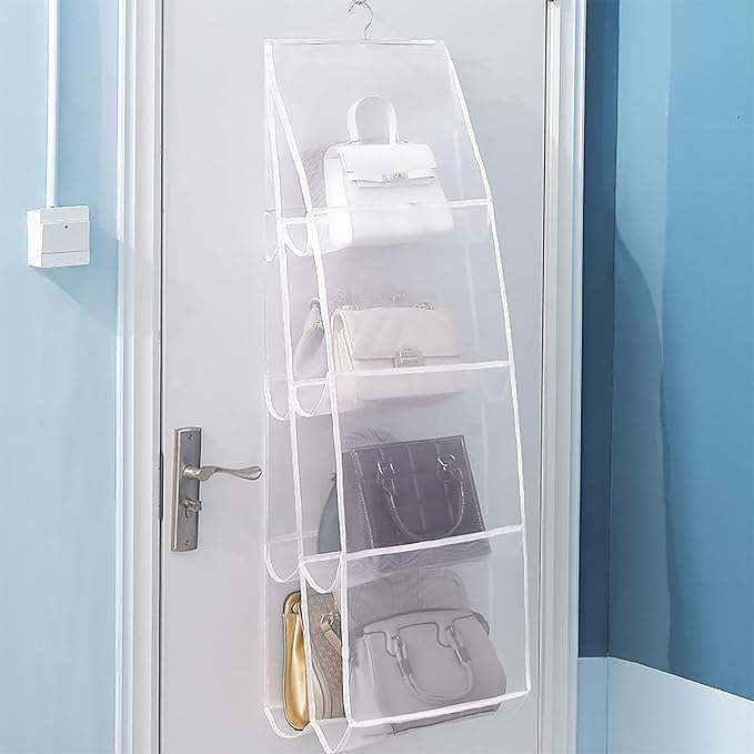 AARAINBOW Hanging Handbag Organizer for Closet, 8-Pocket Purse Storage Holder, Space-Saving Wardrobe Organizer for Women, 44.5"L x 13.5"W (A-White)
