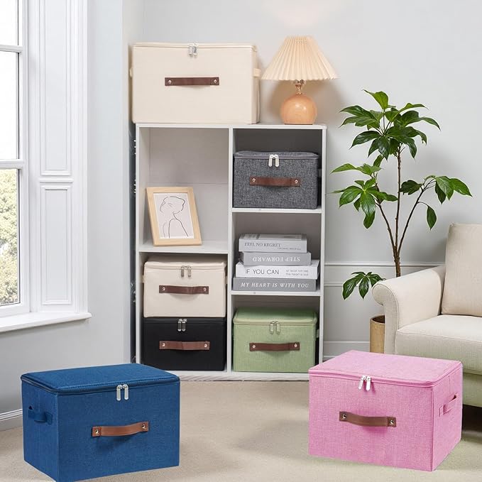 Storage Bins with Zipper Lid Foldable Fabric Lidded Storage Boxes Baskets Cubes Washable Collapsible PU Leather Handle Cotton Linen Shelves Closet Organizer Container(Pink, Small Size)