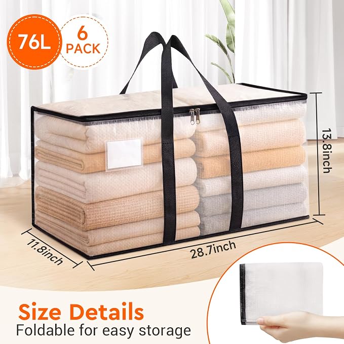 BlissTotes Moving Bags, 76L 6-Pack Storage Bags, Moving Box Heavy Duty Extra Large, Moving Totes with Zipper, Large Packing Bag with Reinforced Handles, Boxes for Packaging Moving