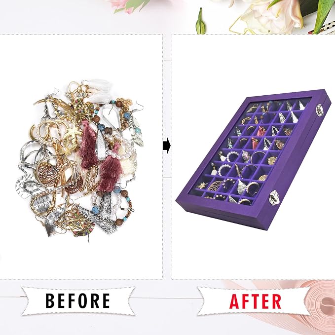 Siveit Jewelry Tray Organizer Box 48 Grid Jewelry Display Organizer Box with Transparent Lid Rings Earrings Necklaces Pendants Display Box Suitable for Women and Girls (48 Grid, Purple)