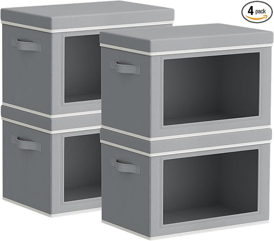 Homsorout Storage Bins with Lids - Small Fabric Organizers with Window, Collapsible Storage Bins for Clothes, Decorative Closet Organizers for Towels, Tshirt, 4 Pack, Grey