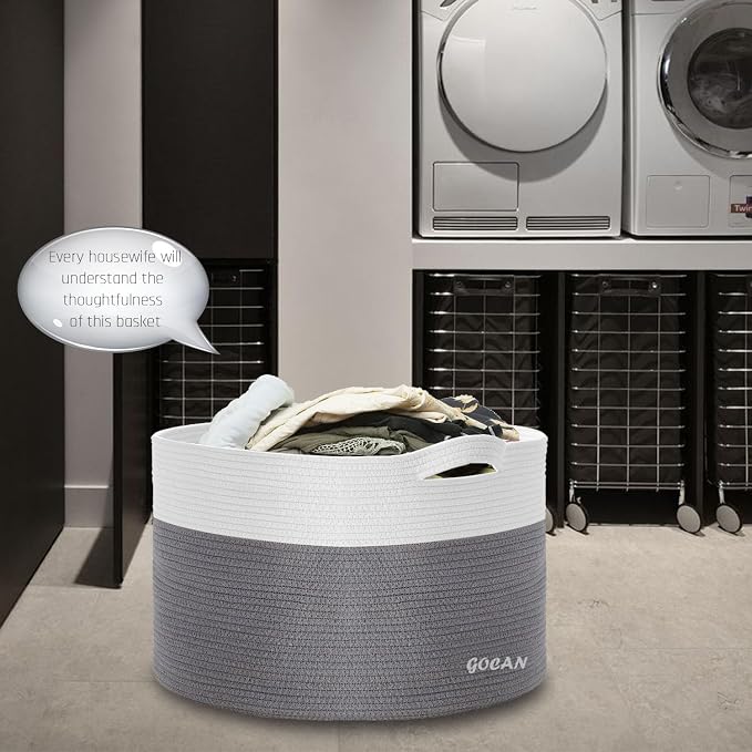 GOCAN Storage Baskets for Organizing D22"H14" Large blanket basket laundry basket Cotton Rope Woven Basket for toy towl in Living Room (Ltgrey/Beige) XXXL