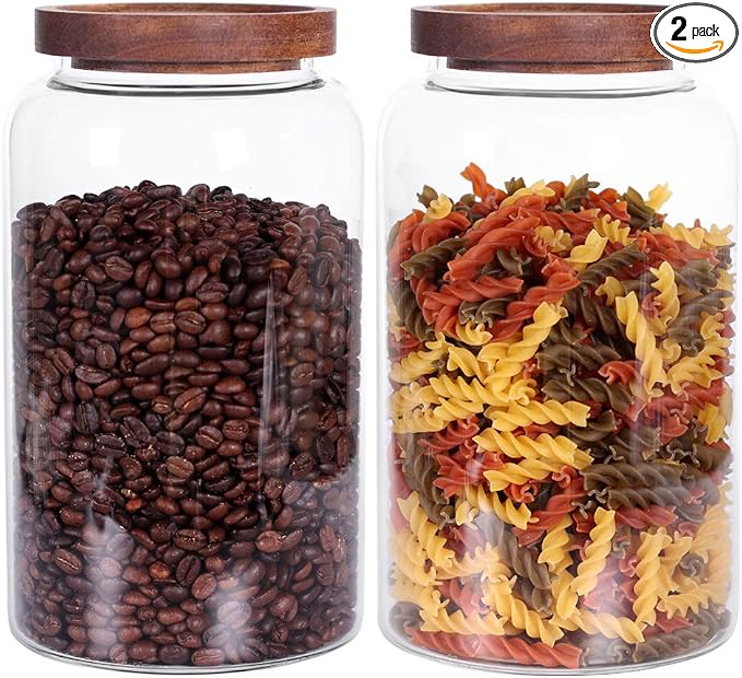 Large Glass Jar with Airtight Lid Set of 2 93 FL OZ(2750ml) glass canister set, Glass Food Containers Wooden Lid Suit for Kitchen Pantry for Flour, Tea, Coffee Beans, Sugar, Cookies(8.8 inch high)