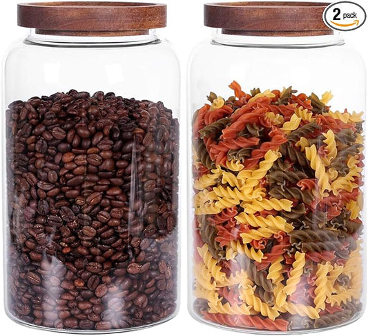 Large Glass Jar with Airtight Lid Set of 2 93 FL OZ(2750ml) glass canister set, Glass Food Containers Wooden Lid Suit for Kitchen Pantry for Flour, Tea, Coffee Beans, Sugar, Cookies(8.8 inch high)