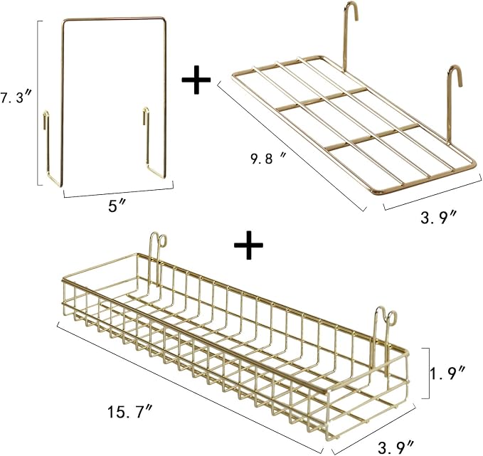 Gold Grid Basket with Hooks,Bookshelf,Display Shelf for Wall Grid Panel,Wall Mount Organizer and Storage Shelf Rack for Home Supplies,1 Set of 3 (Gold)