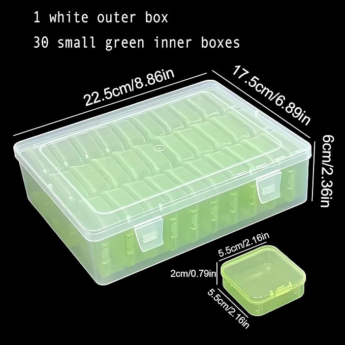 Green Plastic Box Bead Organizer Box-30Pcs Plastic Bead Storage Containers Craft Storage Box with Hinged Lid, 1sheet Labels, Mini Box for Jewelry Making, Diamond Art, Small Parts, Fishing toolbox