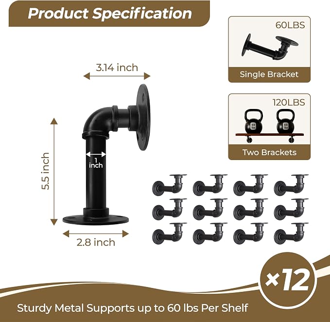 Industrial L Pipe Shelf Brackets for 6-12 in Depth Wood Heavy-Duty 3/4" Iron,Wall Mount Floating Shelf Bracket L Metal Pipe Shelving Brackets for Wood-Black DIY Pipe Shelves(5.5*3.1 Inch 12 Pack)