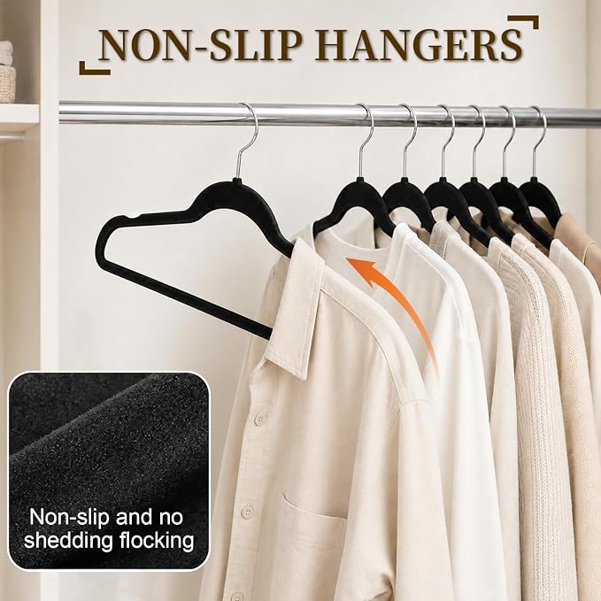 Velvet Hangers 50 Pack, Non Slip Clothes Hangers with Shoulder Notches, Slim Felt Hanger with 360° Swivel Hook, Space-Saving, Heavy Duty, for Coat, Shirt, Pants, Dress, Suits, Black