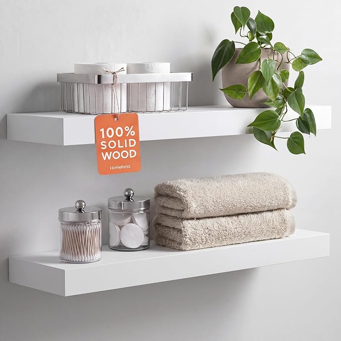 Homeforia White Floating Shelves 24 inch, High End Solid Real Wood 24inch Bathroom Floating Shelf for Wall Mounted, White Wooden 24in Floating Shelves, Heavy Duty Bracket, 24 X 6.5 X 1.75 in, Set of 4