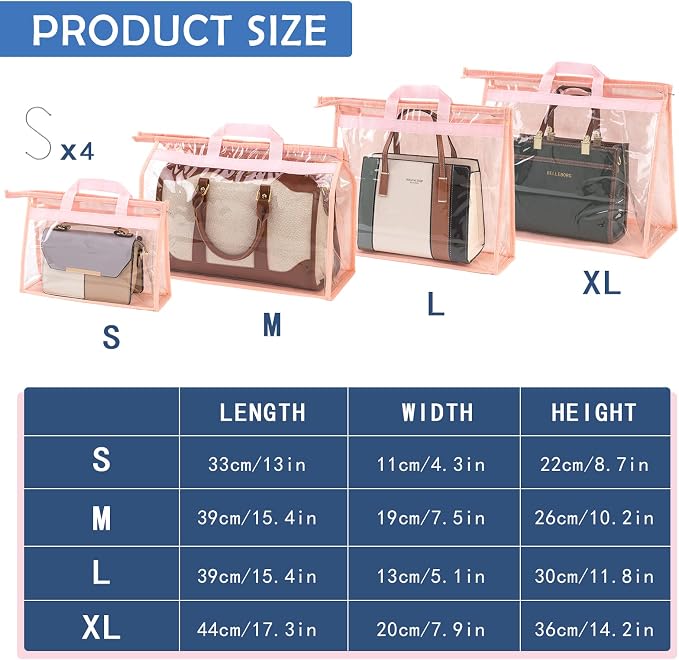 Handbag Dust Bags Clear Purse Storage Organizer for Closet Small to Extra Large Handbags Dust Free Bags Hanging Zipper Storage Bag with Hooks, (Pink, 4 Sizes-4PCS)