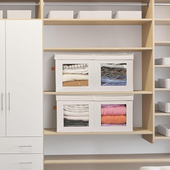 Univivi Large Storage Boxes with Lids, Collapsible Foldable Storage Bins for Clothes, [2-Pack] Fabric Storage Cubes with Handles, Closet Organizers for Home, Bedroom (Beige, 24” x 17” x 12")