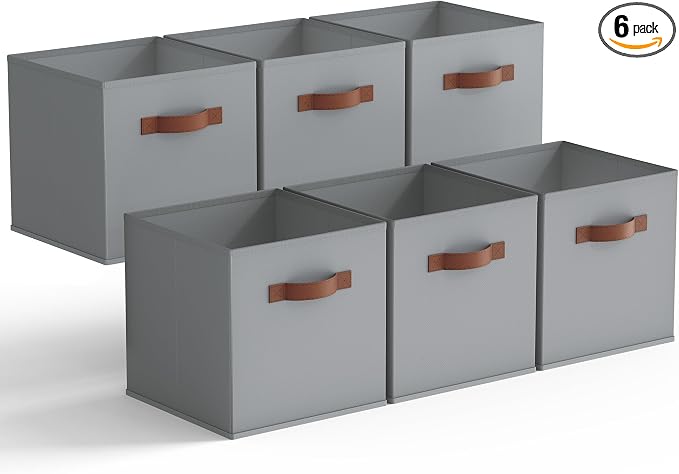 GRANNY SAYS 11 Inch Cube Storage Bins, 6 Pack Foldable Cube Storage Organizer, Fabric Storage Bins with PU Handle, Clothing Storage Baskets for Shelves, Closet, Grey, 6-Pack