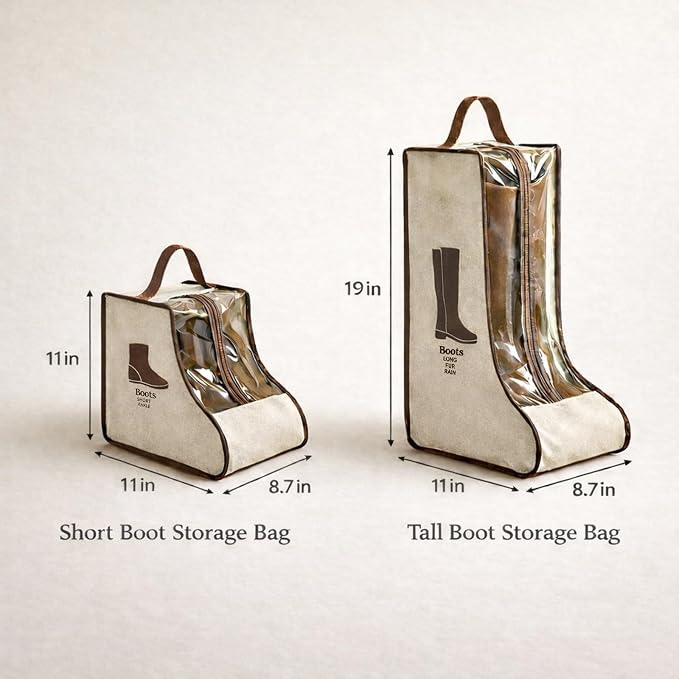 4 Pack Portable Boot Storage Bag,2 Tall & 2 Short Boot Storage Bag with Clear Window, Zipper and Handle, Travel Friendly Shoe Storage for Boots, Closet Organization,Beige