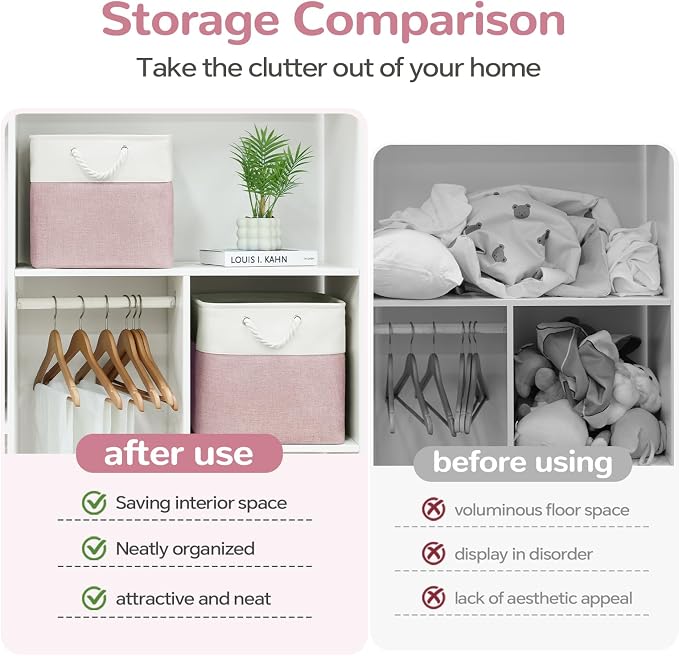 13 x 13 Inch Cube Storage Bins, 6 Pack Fabric Storage Basket with Handles, Foldable Boxes Organizer for Shelf Baskets for Home, Clothes (White/Pink)