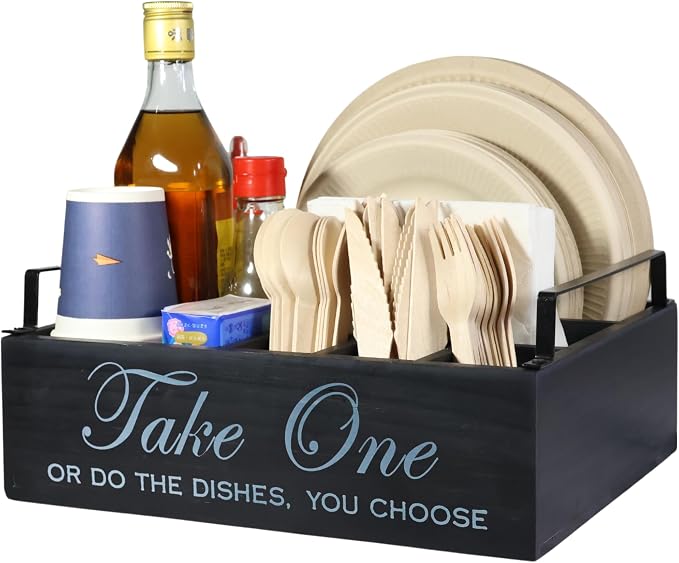 Paper Plate Holder Utensil Caddy Organizer - Rustic Wood Disposable Plate Dispenser with Handles for Cups, Forks, Spoons, Napkins and Silverware Holders (handle paper plate holder)
