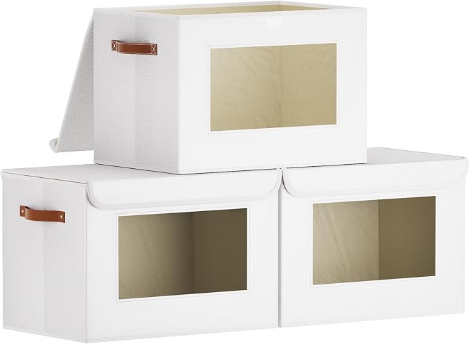 Storage Box for Shelves,White Basket,17.7x11.8x11.8In,3Pack | Sturdy Storage Baskets with Lids,Shelf Boxes with Handles and Window,Fabric Closet Containers,Decorative Drawer Bins for room