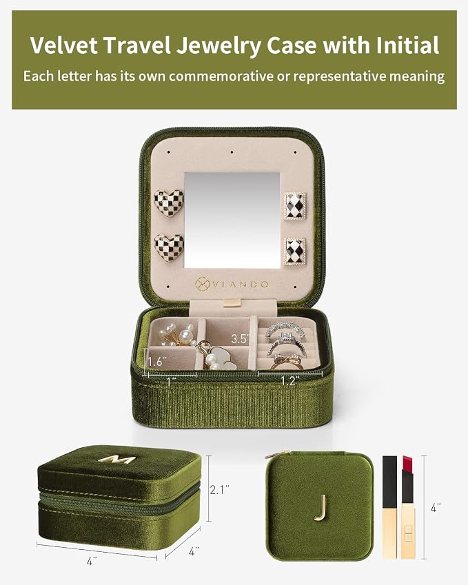 VLANDO Plush Velvet Travel Jewelry Case, Personalized Initial Jewelry Boxes for Women Girls, Mini Jewelry Travel Organizer Travel Essentials for Birthday Gifts - Letter J, Green