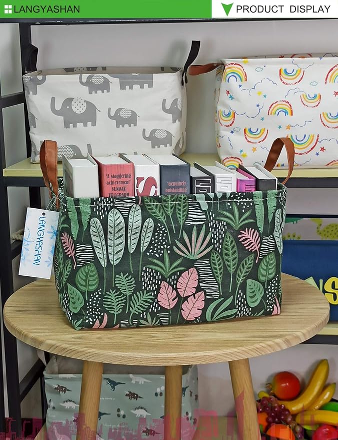 Rectangular Collapsible Full Leaf Storage Basket Nursery Organizer | Storage Bin Foldable Canvas with Handles for Organizing Home Kitchen Children Toys Office Closet Shelf Baskets
