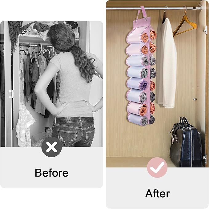 DHSFKBE Legging Organizer Storage, 2PCS T Shirt Organizer, Foldable Hanging Closet Organizer Storage with 16 Roll Independent Compartments for Yoga Pants, Tank Top, Towel, Underwear (Pink)