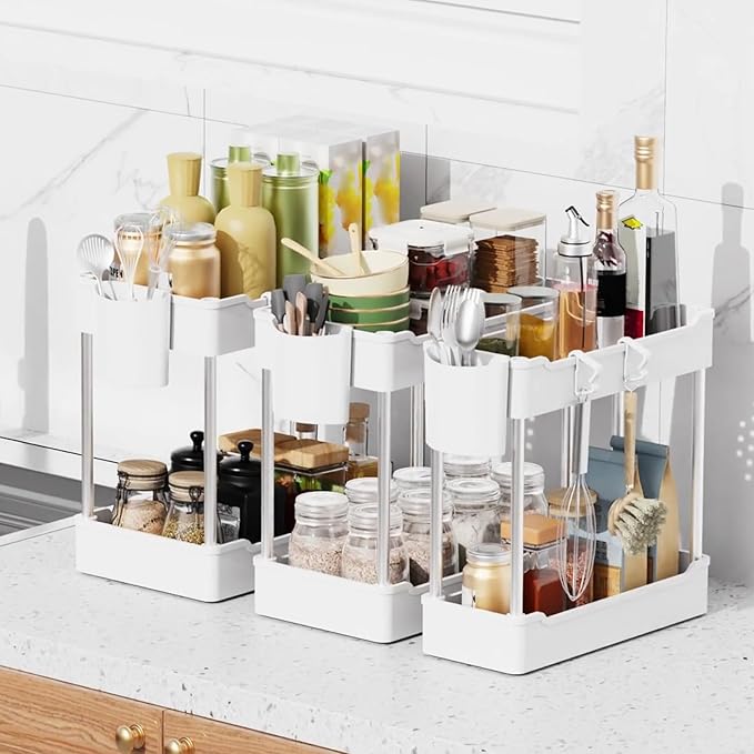 3 Pack Under Sink Organizer Bathroom and Storage Cabinet (White) | 2 Tier with Hanging Cups for Kitchen