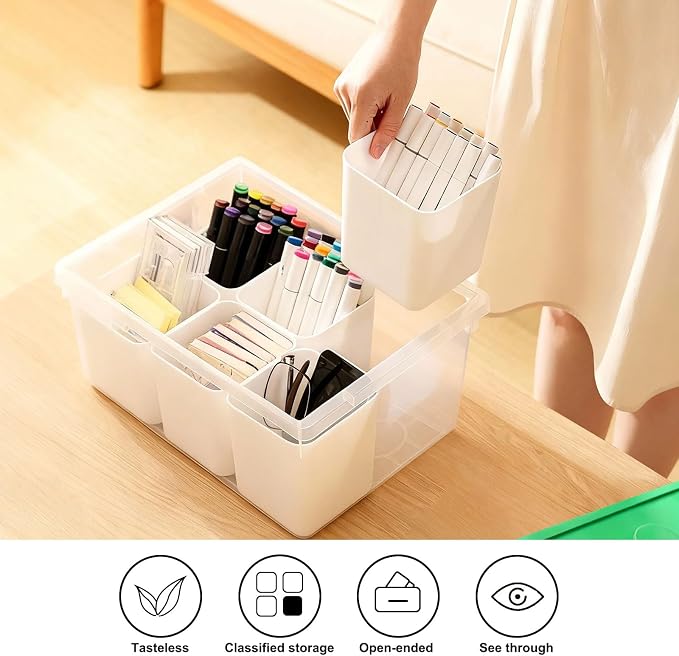 Plastic Storage Bins with Lids, Art Craft Supply Organizer Box with Brush Pot, Multipurpose Stackable Storage Containers for Organizing Tool, Craft, Crayon,Sewing (Green)