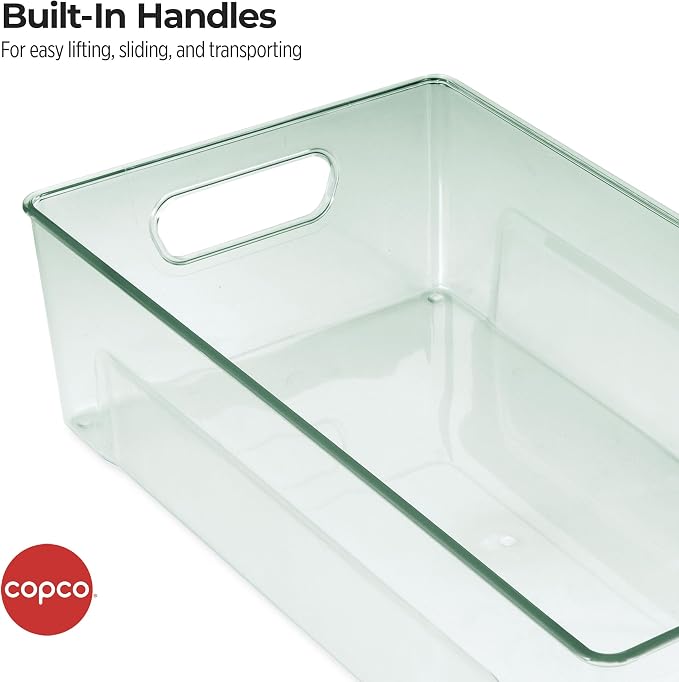 Copco Storage Bin for Refrigerator and Pantry Organizers - Clear Green Fridge Bin with Built-In Handles, 14.4 x 7.9 x 4 Inches, Kitchen and Bathroom Storage Organizer