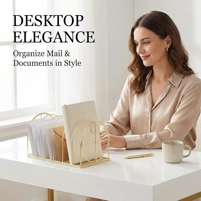 File Sorter Organizer, 5 Section Magazine Holder Rack, Desktop Round Wire Book Stand for Mail, Paper, Document, Folder, Record and Desk Accessories, Gold