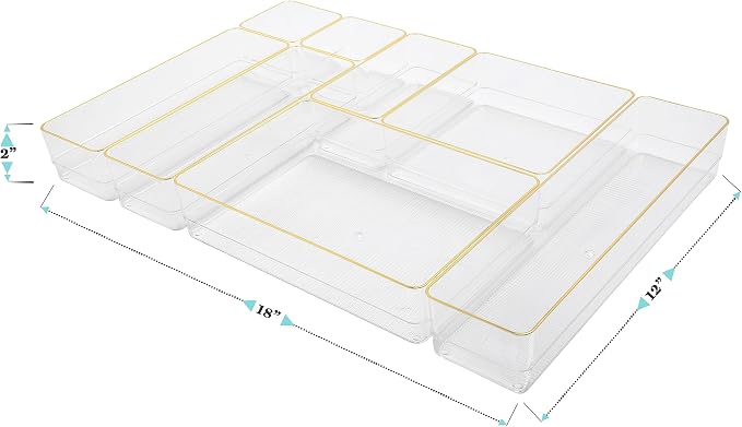 Martha Stewart Kerry Plastic Stackable Office Desk Drawer Organizers, Set of 8, with Gold Trim