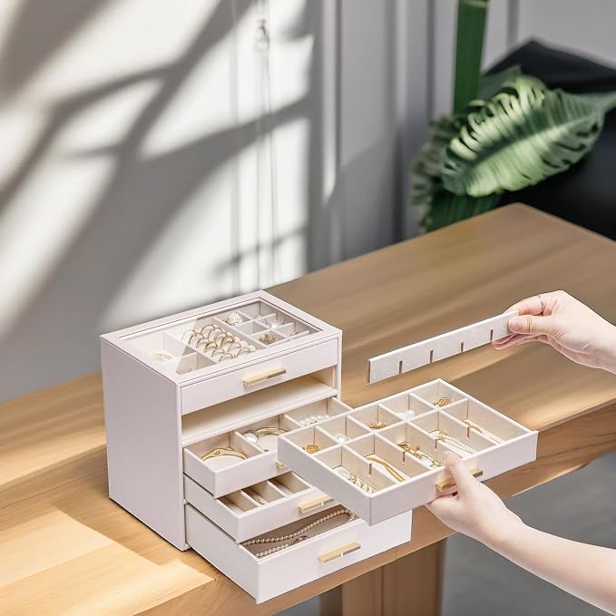 VLANDO 5-Drawer Jewelry Box with Glass Lid, Faux Leather Organizer for Rings Earrings Necklaces and More, Gift-Ready Jewelry Case for Women Girls or Moms, Pink Beige