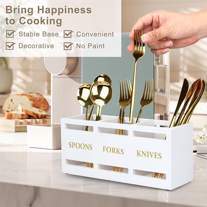 Ayiaren Wood Flatware Silverware Caddy White Cutlery Holder Kitchen Utensils Holder for Party Wooden Silverware Organizer for Countertop Knife Spoon and Fork Holder Table Utensil Caddy Organizer