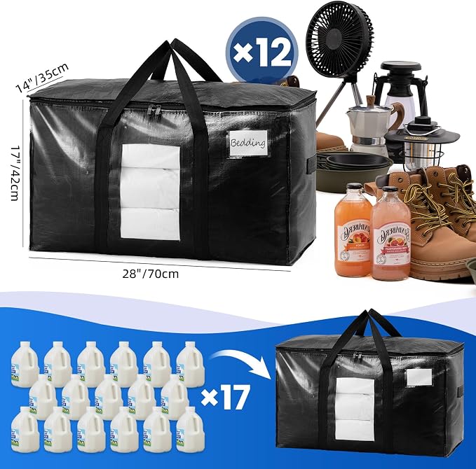 TAILI Extra Large Moving Bags, 12 Pack Black Heavy Duty Totes For Storage with Visible Window, Wrap Around Handles, Storage Bags for Space Saving, Alternative to Moving Boxes